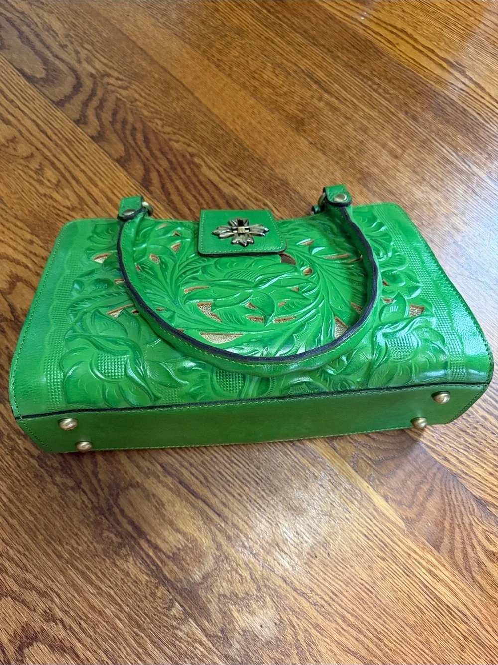 Patricia Nash Green Tooled Floral Leather Satchel